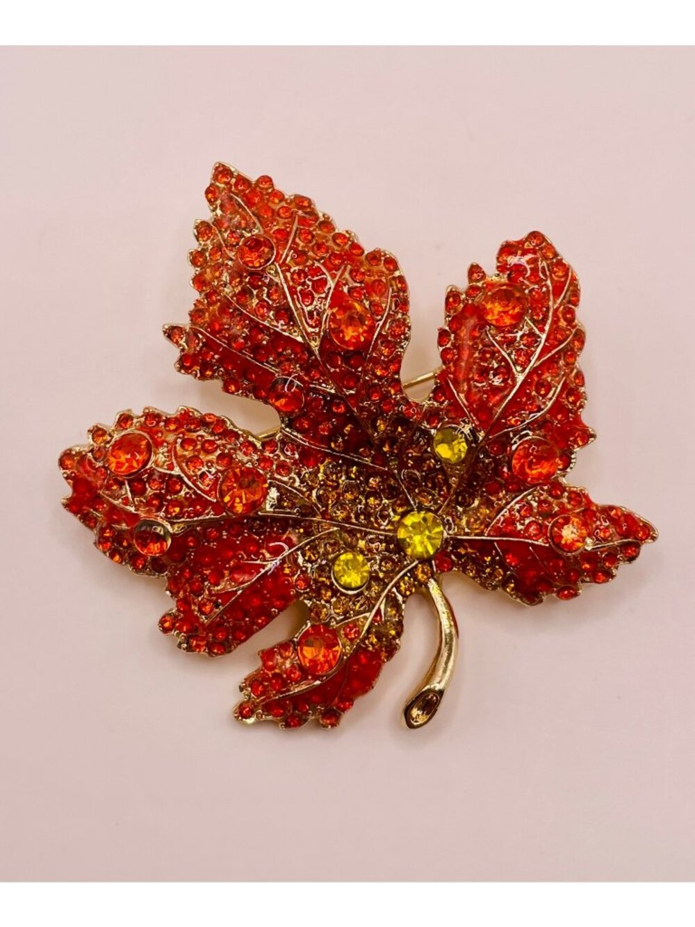 Rhinestone Maple Leaf Brooch Pin Gold-Tone Fall Colors -74B